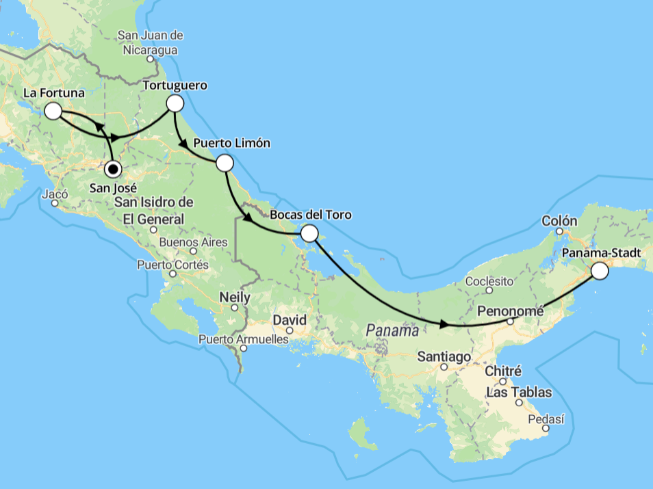 Route Gruppenreise Costa Rica Panama