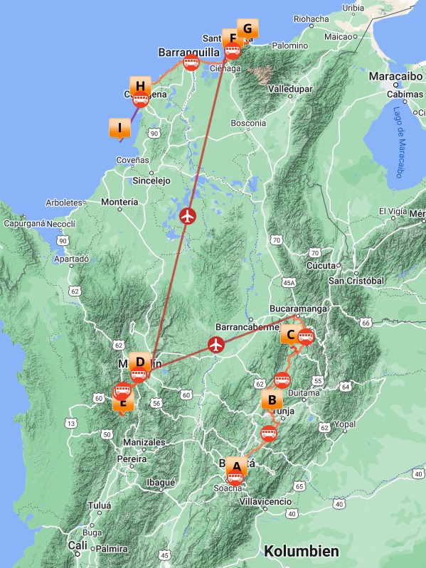 Landkarte Kolumbienreise